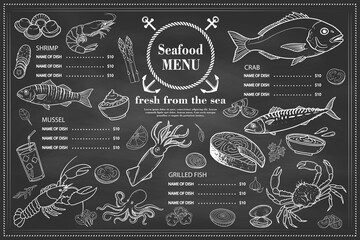 Simple and eye-catching restaurant menu created with mussels, oysters, crab and salmon drawings.