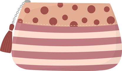 Cosmetic bag with zipper isolated on white background. Makeup pouch with striped and polka dot pattern 
