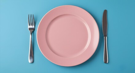 Pink plate, Plate, Dinner plate, Pink Plate with Silverware on Blue Background