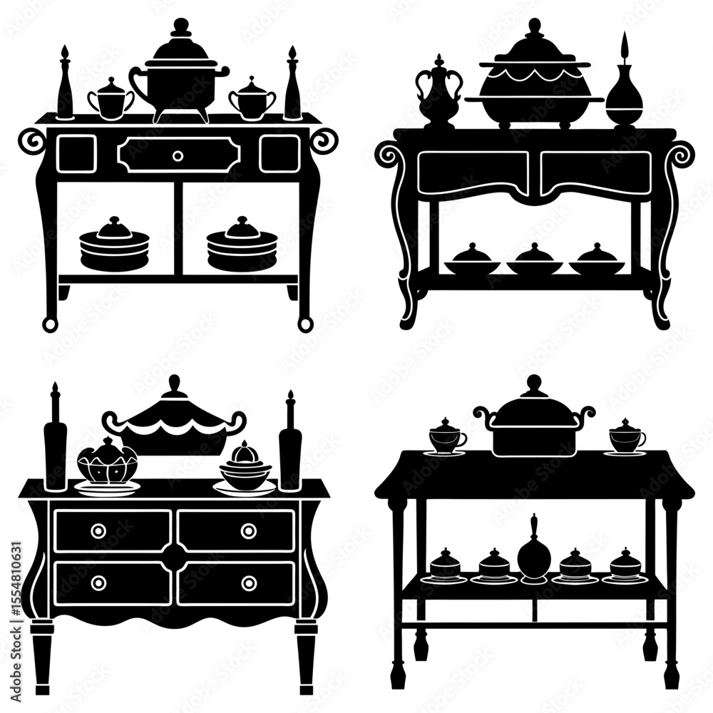 Poster silhouetted buffet tables with various items isolated on white background