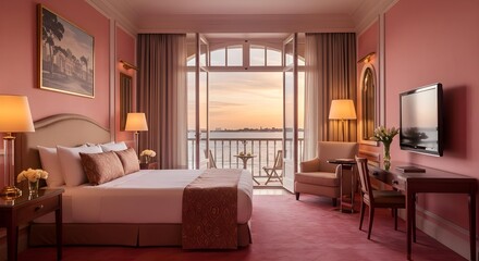 Hotel room, Luxury hotel, Bedroom, Luxurious Hotel Room with Sunset Sea View