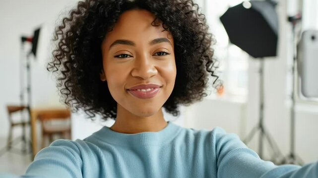 young woman taking a selfie with a cheerful expression in a bright studio, capturing joyful moments and showcasing modern lifestyle and self-identity