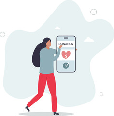 phone with donation mobile app. Person holding smartphone to donate money support, solidarity concept. character life .