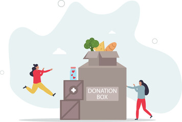 Cartoon tiny people donate money, love hearts and help to donation bank, character life .