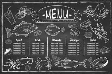 Hand-drawn menu with various seafood, suitable for restaurants and sea cafes.