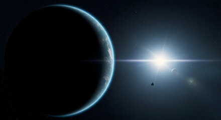 Spaceship, Planet, Star, Spaceship Orbiting Planet with Bright Star