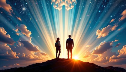 a serene moment of two individuals standing atop a hill during sunrise or sunset. they are silhouetted against the backdrop of a vibrant sky filled with clouds and stars