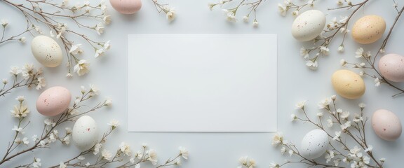 Pastel Easter eggs and white blossoms surrounding blank card on soft background.