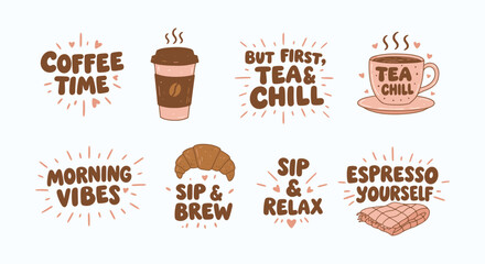 A charming set of 12 coffee & tea graphics with phrases like "COFFEE TIME" & "COZY VIBES," plus icons of cups, croissants, & waffles.. Ideal for cafes, food blogs, & lifestyle.
