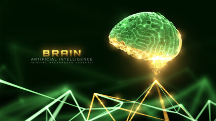 Green brain particle glow with core golden neon light, Futuristic artificial intelligence deep learning science and technology, Luxury digital background. Vector illustration.