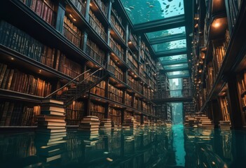 Surreal flooded library with underwater ceiling and floating books concept scene.