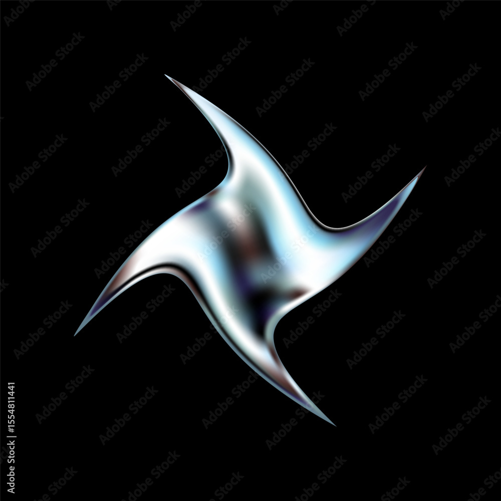 Poster 3d chrome star with twisted metallic shape and holographic surface. shiny y2k style object sparkles 