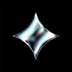 3D chrome star with silver metallic shine and holographic sparkle. Y2K inspired abstract shape features glossy fluid texture, cosmic twinkle and futuristic burst. Isolated vector on dark background.