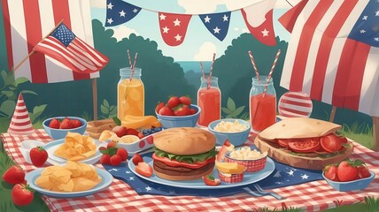 A picnic scene featuring american flags, food, drinks, and festive decorations on a checkered blanket
