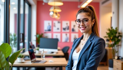 a professional woman seated at her desk in an office environment. she is dressed in business attire with glasses and has a confident smile
