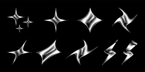 3D chrome star sticker set with lightning flash and holographic shine. Sleek Y2K aesthetic features dynamic geometric forms, glitter bursts, and cosmic sparkle. Isolated vector on dark background.