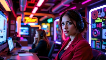 we see a young woman in an office setting. she is seated at a desk equipped with multiple computer monitors