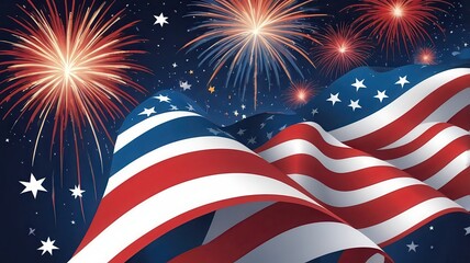 A patriotic display of the american flag with fireworks and stars in the night sky above it