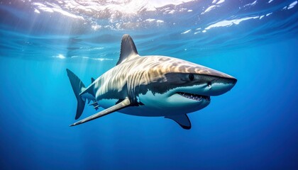 a shark swimming in the blue sea