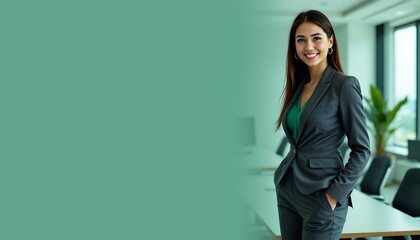 a woman is standing in an office environment, posing for a professional portrait. she's dressed in business attire, complete with a blazer, and is smiling at the camera
