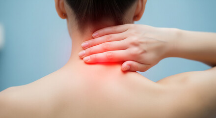 a woman gently holding the back of her neck with one hand, red glowing area around cervical spine. Focused only from shoulders to upper back, face not shown. Soft blue medical background