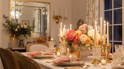 Elegant English dining tables styled with flickering candlelight, floral centrepieces, crystal glassware and richly layered plates, capturing the warmth of evening gatherings at home, wedding or event
