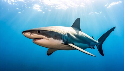a shark swimming in the blue sea