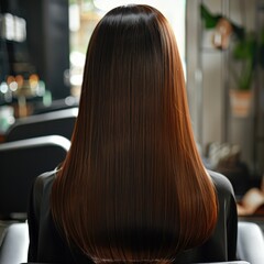 Japanese woman showcasing stunning long straight hair in a serene salon environment