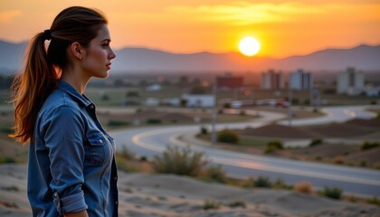 a woman stands alone on a desert hill at sunset, looking towards the horizon. the sun is low in the sky, casting long shadows and painting the landscape with warm hues