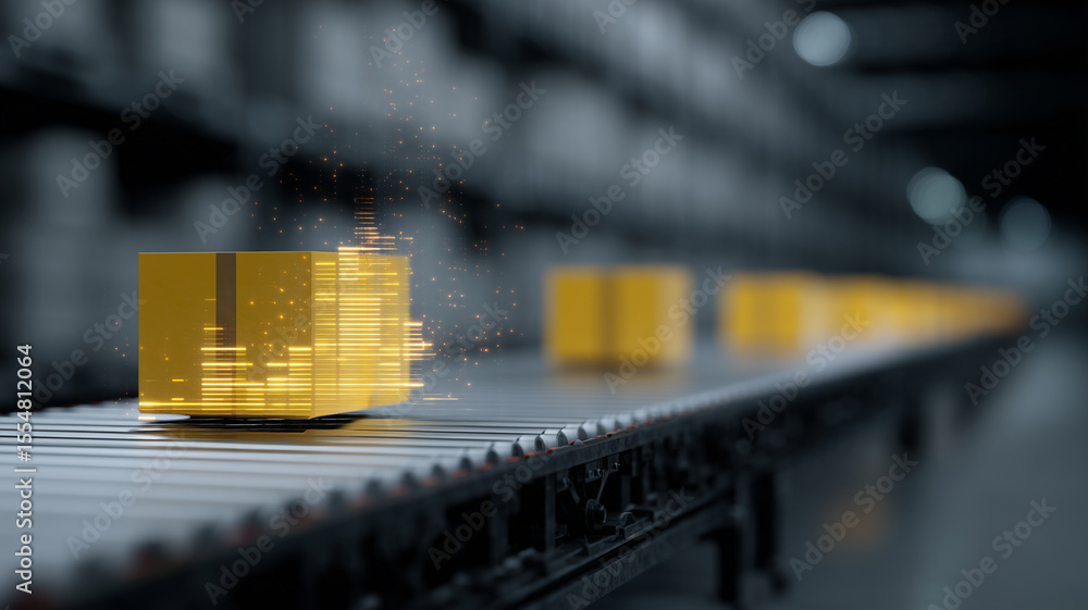 Poster Automated warehouse robot system managing inventory with yellow boxes on conveyor, futuristic technology