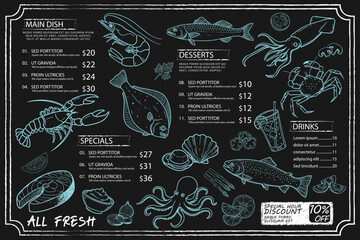Hand-drawn menu suitable for seafood concept. Supported by shrimp, salmon, trout.