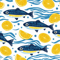 Obraz premium Flat vector pattern of multiple stylized sardines and lemon slices on a white background, ideal for packaging, seafood prints and Mediterranean kitchen products