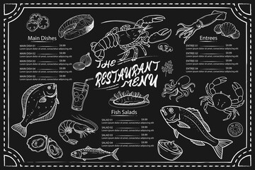 Hand-drawn menu with fish and seafood on a black background. Vector template.