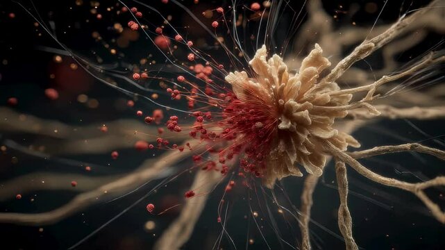 Microscopic View of Cancer Cell Undergoing Apoptosis with Exploding Spores