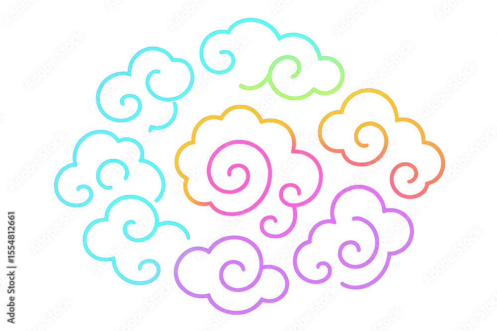 Poster rainbow colored stylized clouds forming a circular pattern on a transparent background, ideal for or
