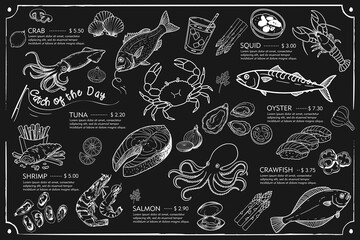 Seafood design for menus and posters. Seafood menu created with shrimp, oyster, squid and crab drawings. Available vector format.