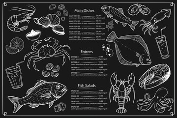Hand-drawn vector menu special for seafood. Black background design prepared with food fashion aesthetics.