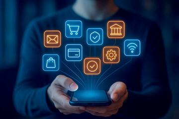 Glowing Digital Icons Connected to Smartphone technology interface
