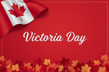 Celebrate victoria day in canada with a waving national flag and festive maple leaves on a red background