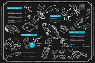 Seafood menu with a fish theme consisting of clear and simple lines on a black background.