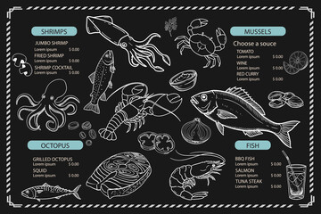 Hand-drawn seafood menu. Simple and usable template with shrimp, crab, squid and oyster figures.