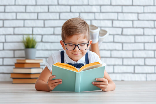 A boy is reading a book on the floor