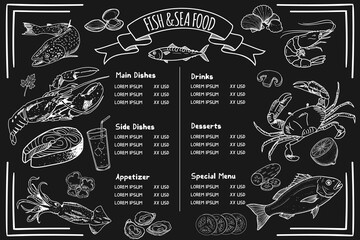 Hand-drawn seafood visuals suitable for food fashion. Vector template menu with black background.