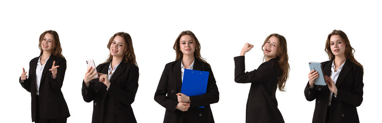 Businesswoman in Various Poses with Phone and Tablet isolated on white background