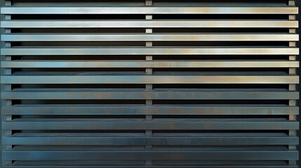 Close-up of a metallic slatted wall with horizontal lines and subtle rust.