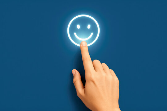 Glowing happy face symbol interaction hand finger