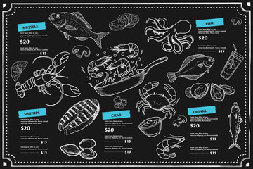 Hand-drawn isolated vector menu. Fried shrimps, fish varieties and calamari are integrated with the black background.
