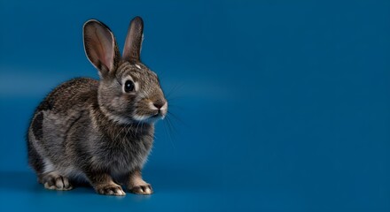 Obraz premium Rabbit, Bunny, Hare, Cute Grey Rabbit on Blue Background