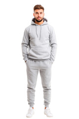 Fototapeta premium A man stands confidently in a gray hoodie and matching sweatpants, exuding a casual yet stylish vibe. Png, Transparent background.