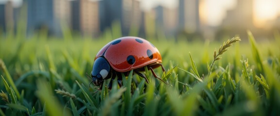 Close-up of ladybug on green grass blades with city buildings in background at dusk.